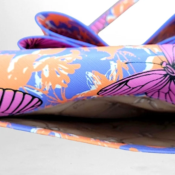 Betsey Johnson Crossbody Wallet Orange Blue Patent Printed Butterflies - Picture 4 of 8